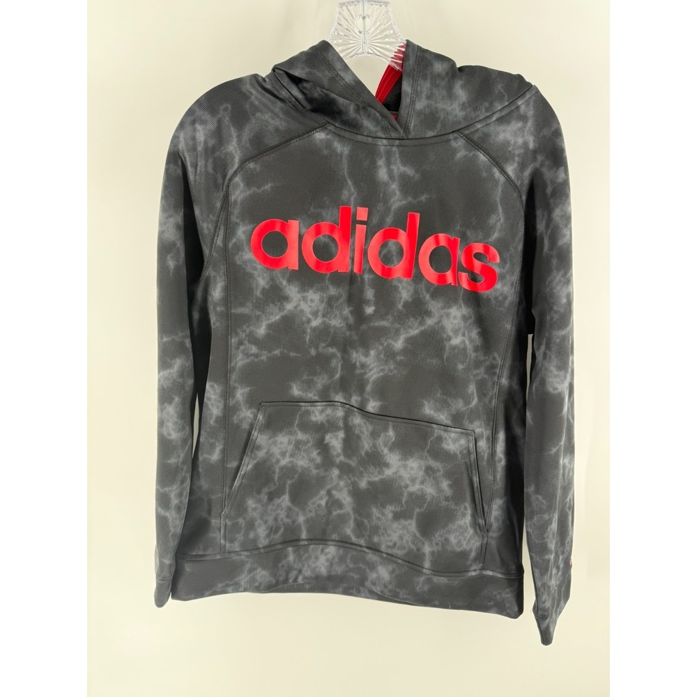 Adidas Hoodie Kids XL 18/20 Black Gray Tie Dye Logo Fleece Lined Raglan Sleeve